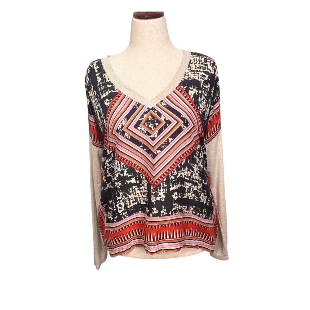 CAbi Aztec top long sleeve 100% silk front loose fit v neck black cream red Sz S